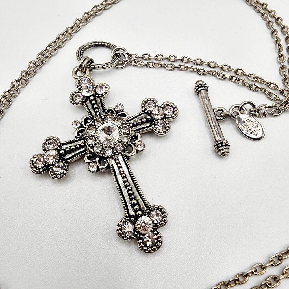 Cookie Lee Crystal Cross Long Pendant Necklace Convertible 36 or 18 Inch Toggle